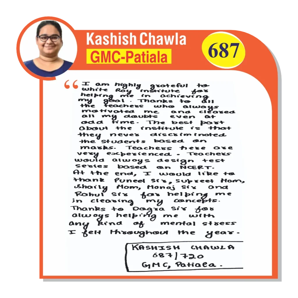 Image of a handwritten testimonial by Kashish Chawla, a NEET student at WhiteRay Institute, Chandigarh