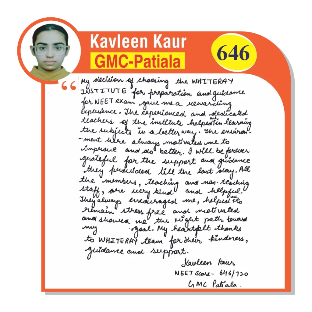 Image of a handwritten testimonial by Kavleen Kaur, a NEET student at WhiteRay Institute, Chandigarh