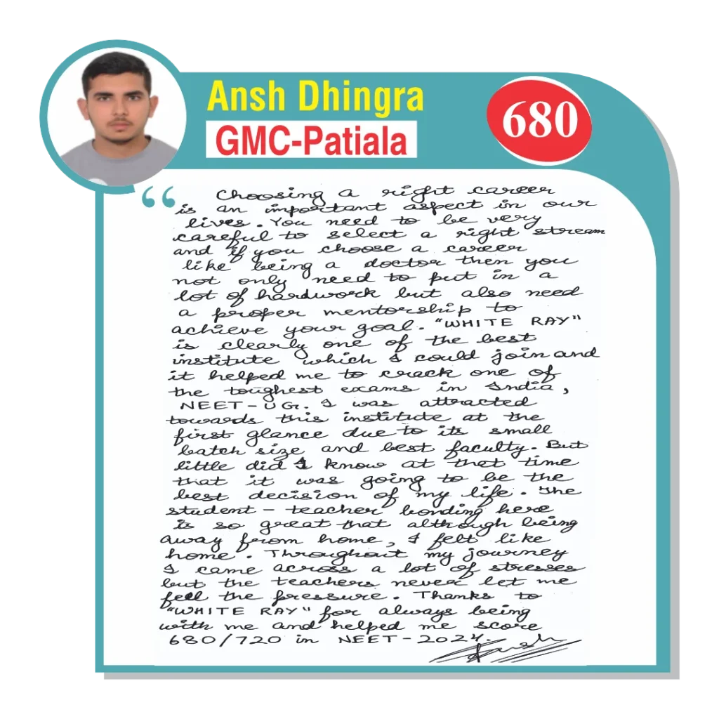 Image of a handwritten testimonial by Ansh Dhingra, a NEET student at WhiteRay Institute, Chandigarh