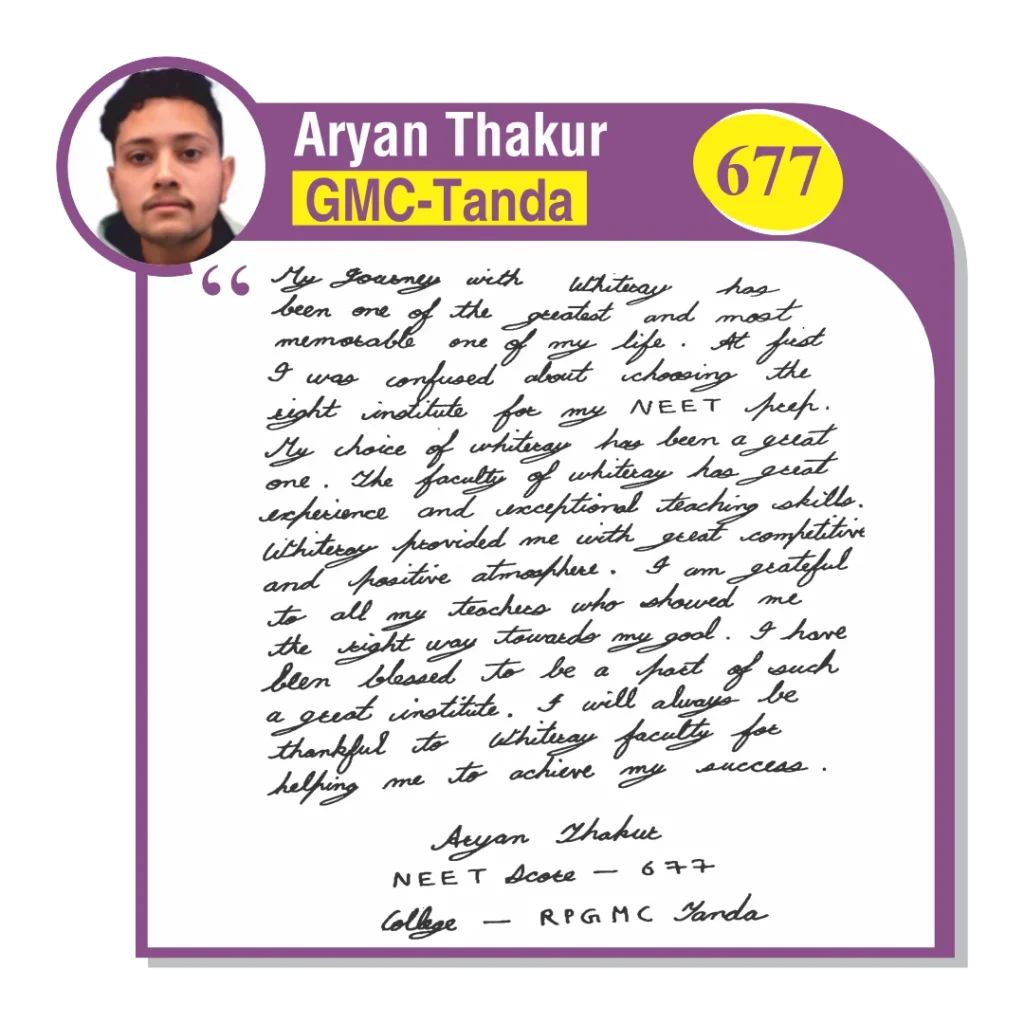 Image of a handwritten testimonial by Aryan Thakur, a NEET student at WhiteRay Institute, Chandigarh