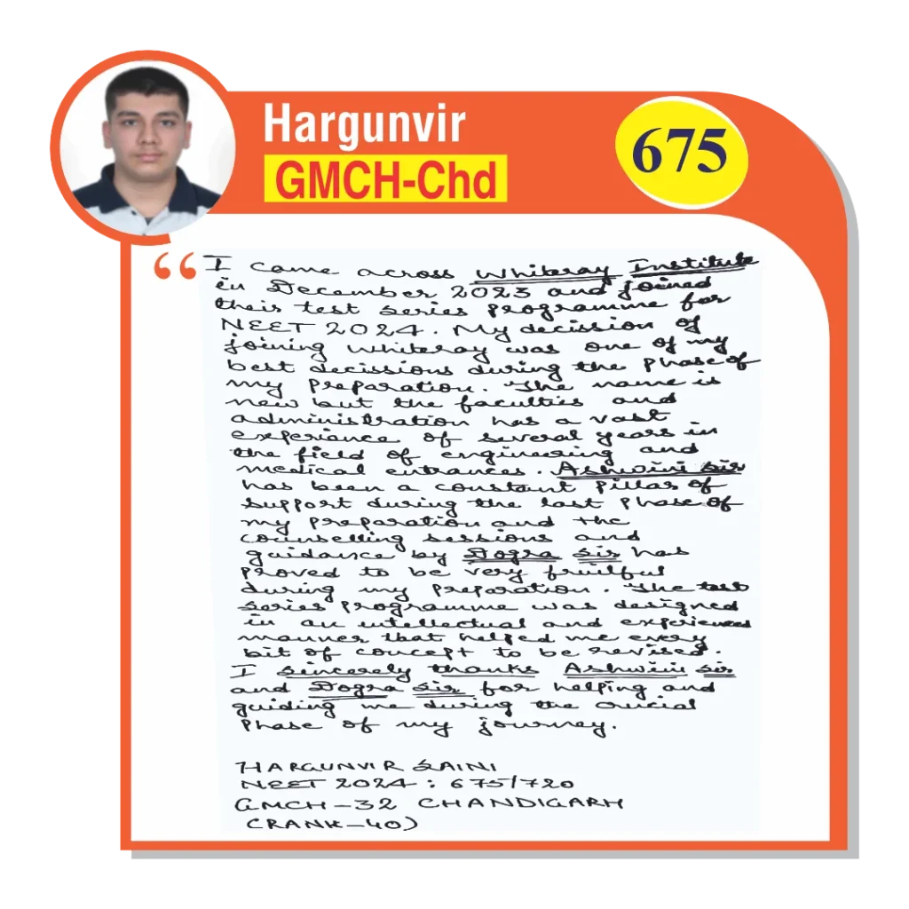 Image of a handwritten testimonial by Hargunvir, a NEET student at WhiteRay Institute, Chandigarh