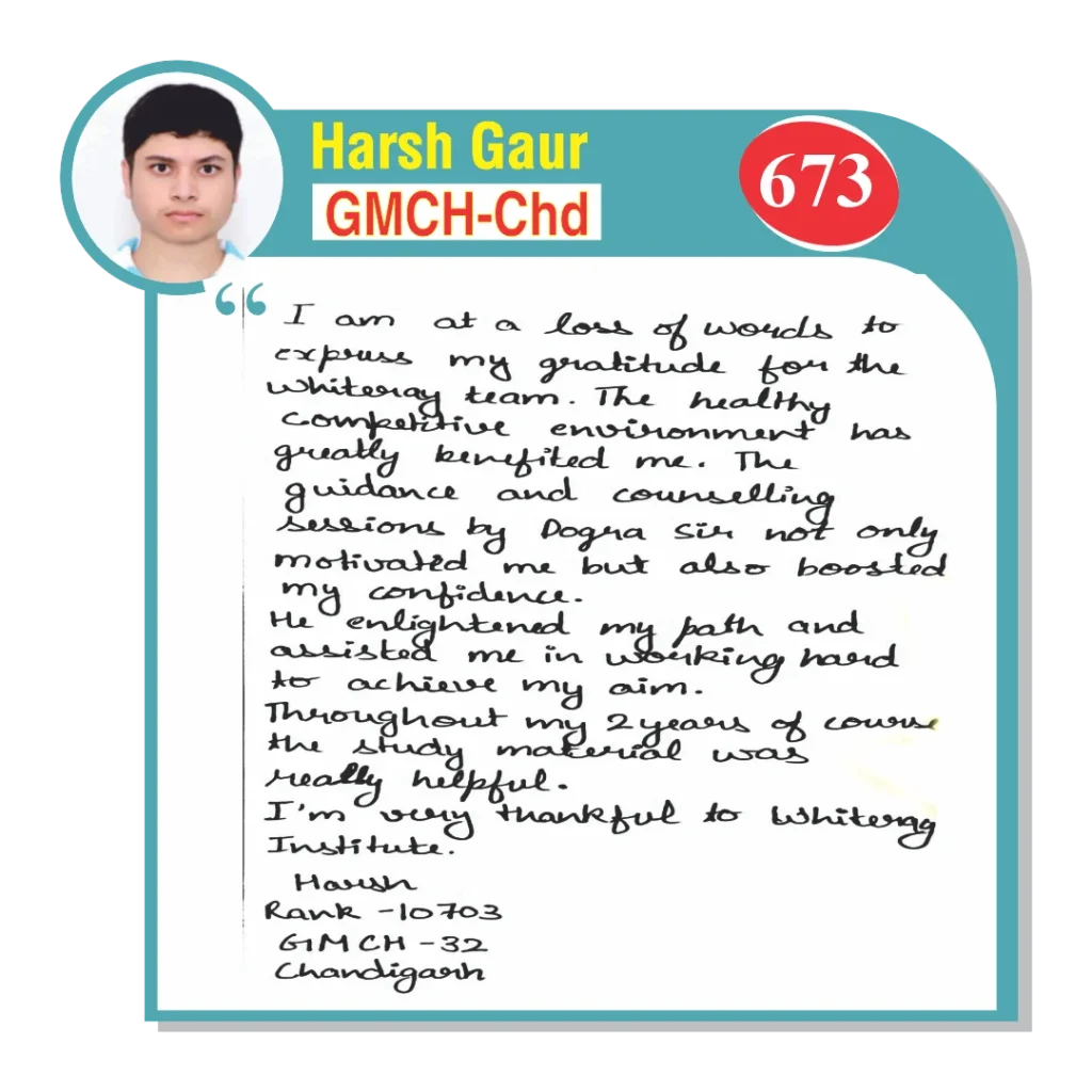 Image of a handwritten testimonial by Harsh Gaur, a NEET student at WhiteRay Institute, Chandigarh