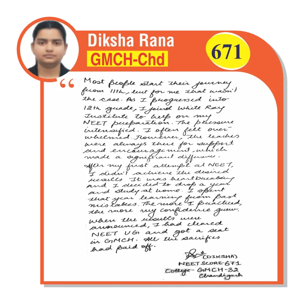 Image of a handwritten testimonial by Diksha Rana, a NEET student at WhiteRay Institute, Chandigarh