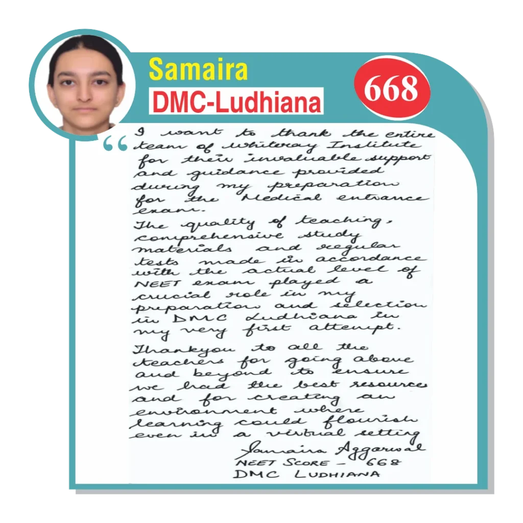 Image of a handwritten testimonial by Samaira Aggarwal, a NEET student at WhiteRay Institute, Chandigarh