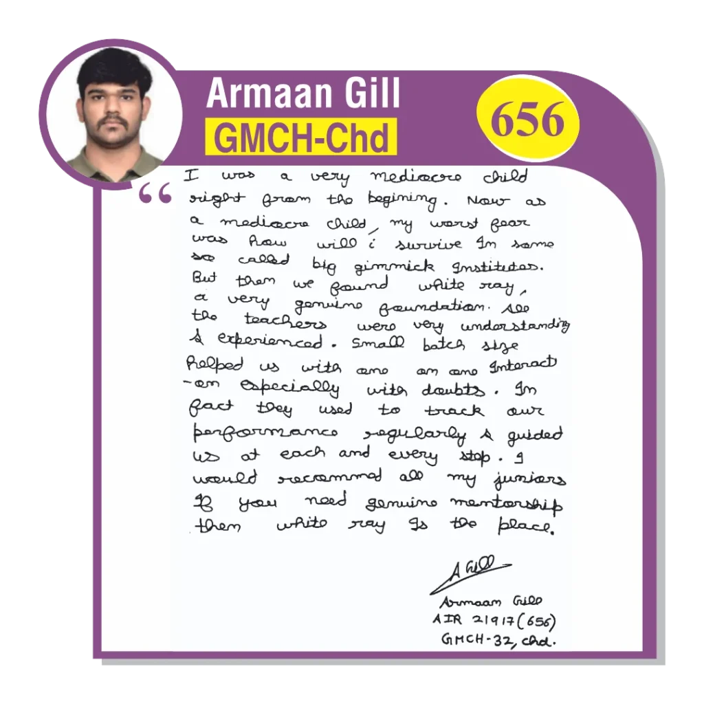 Image of a handwritten testimonial by Armaan Gill, a NEET student at WhiteRay Institute, Chandigarh